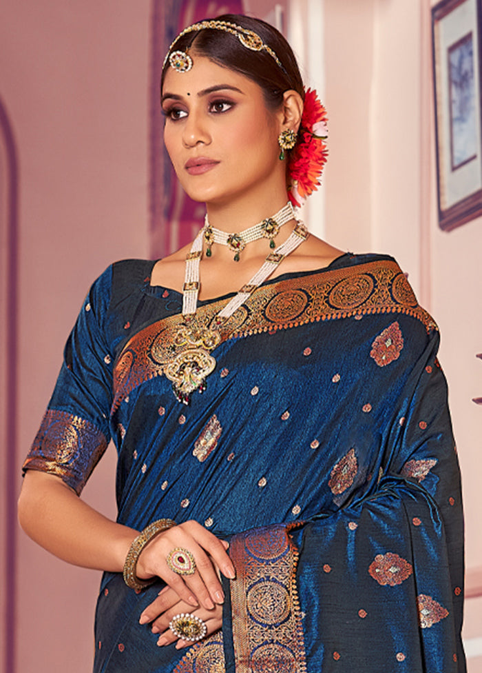 Blue Dupion Silk Saree With Semi Stitched Blouse Piece - Indian Silk House Agencies