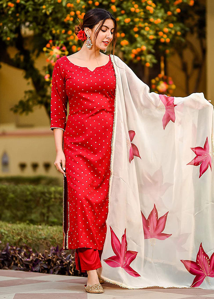 3 Pc Red Readymade Cotton Suit Set - Indian Silk House Agencies