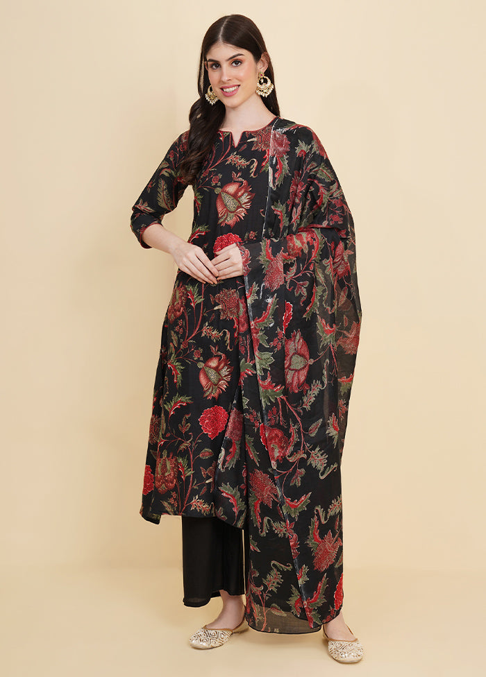 3 Pc Black Readymade Cotton Suit Set - Indian Silk House Agencies