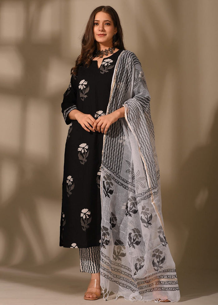 3 Pc Black Readymade Cotton Suit Set - Indian Silk House Agencies