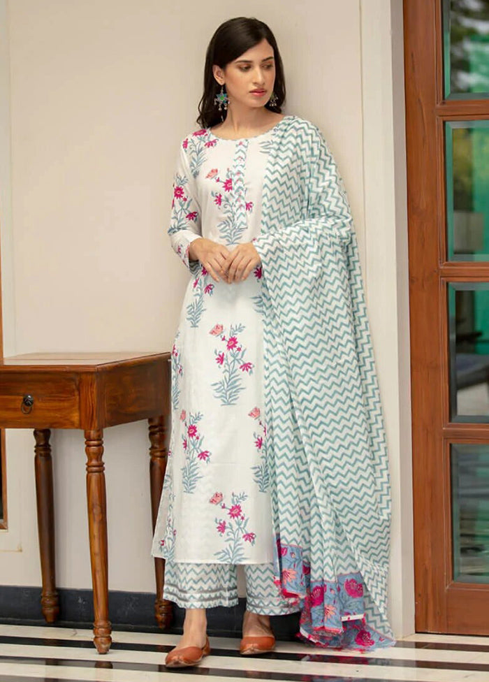 3 Pc White Readymade Cotton Suit Set - Indian Silk House Agencies