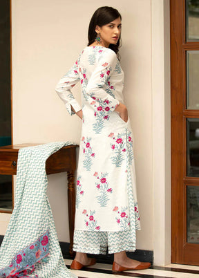 3 Pc White Readymade Cotton Suit Set - Indian Silk House Agencies