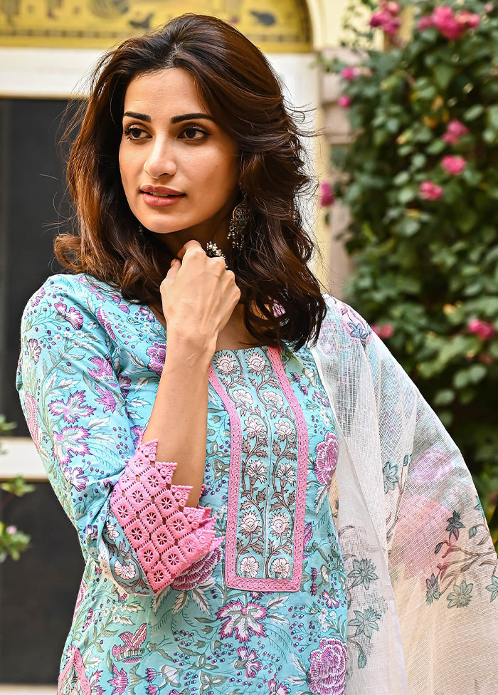 3 Pc Sky Blue Readymade Cotton Suit Set - Indian Silk House Agencies