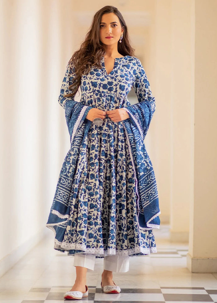 3 Pc Blue Readymade Cotton Suit Set - Indian Silk House Agencies