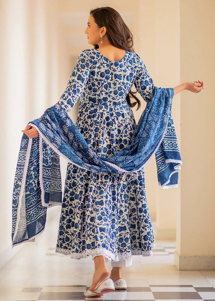 3 Pc Blue Readymade Cotton Suit Set - Indian Silk House Agencies