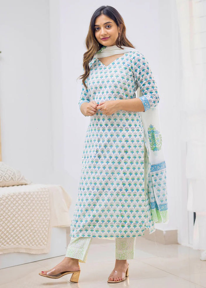 3 Pc Sky Blue Readymade Cotton Suit Set - Indian Silk House Agencies