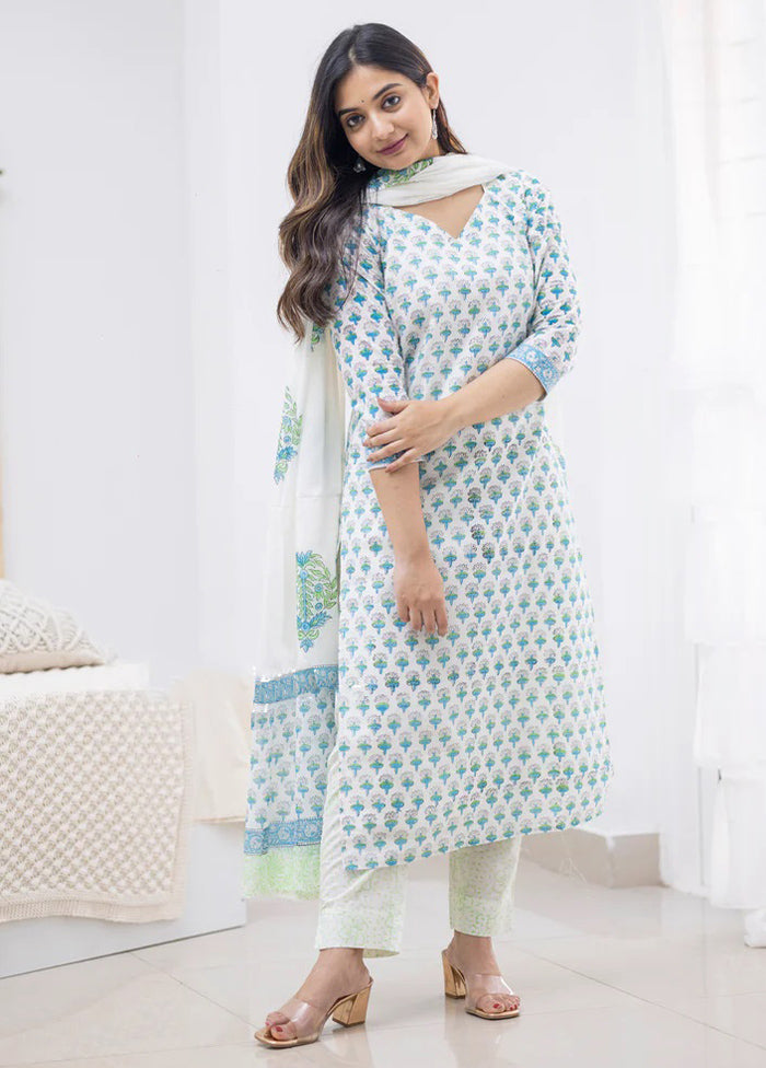 3 Pc Sky Blue Readymade Cotton Suit Set - Indian Silk House Agencies