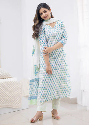 3 Pc Sky Blue Readymade Cotton Suit Set - Indian Silk House Agencies