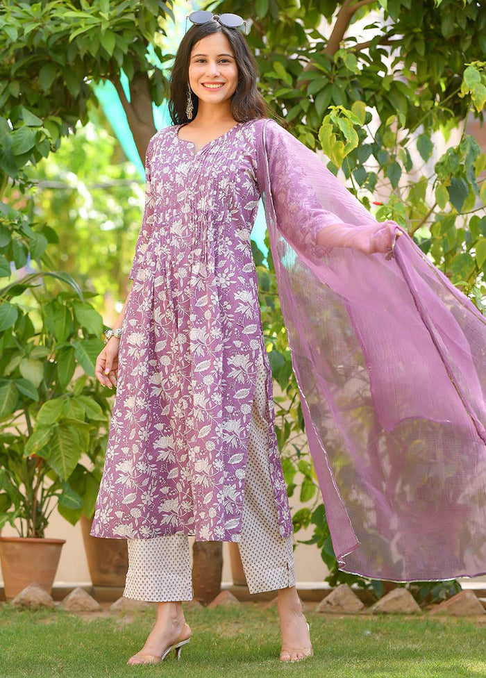 3 Pc Purple Readymade Cotton Suit Set - Indian Silk House Agencies