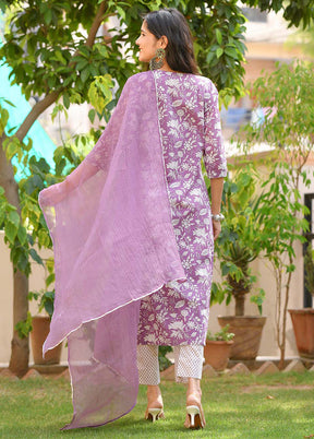 3 Pc Purple Readymade Cotton Suit Set - Indian Silk House Agencies