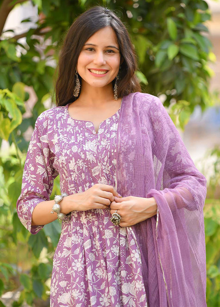 3 Pc Purple Readymade Cotton Suit Set - Indian Silk House Agencies