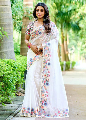 White Organza Saree With Blouse Piece - Indian Silk House Agencies