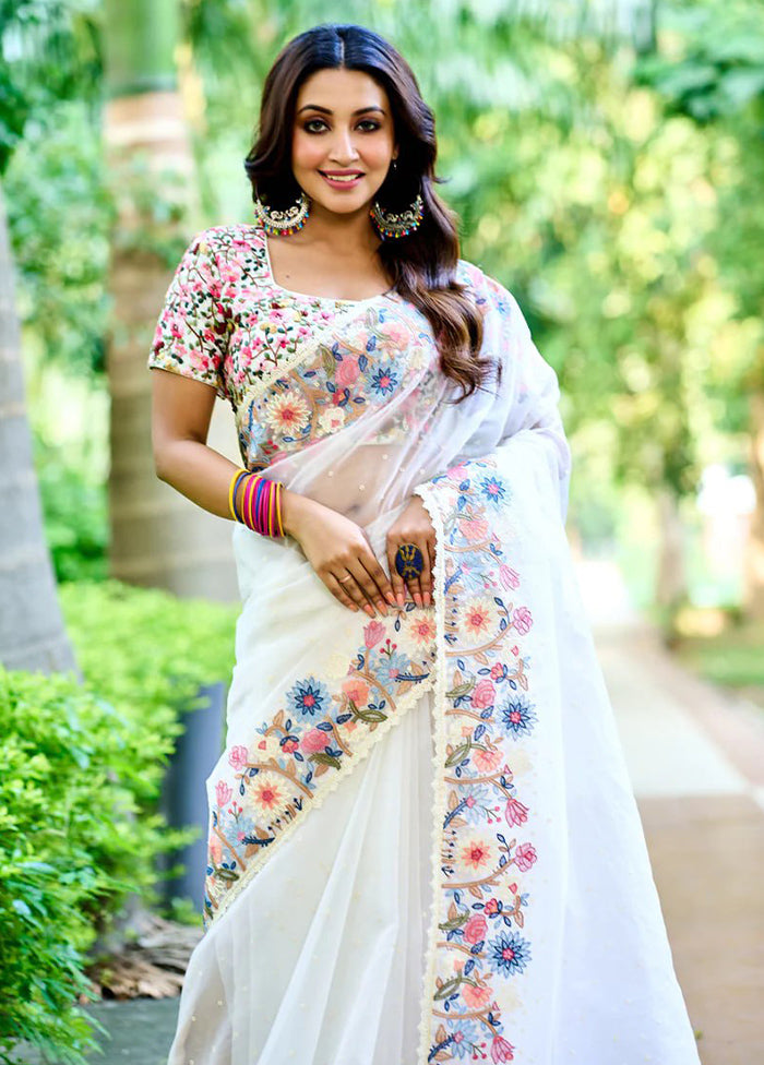 White Organza Saree With Blouse Piece - Indian Silk House Agencies