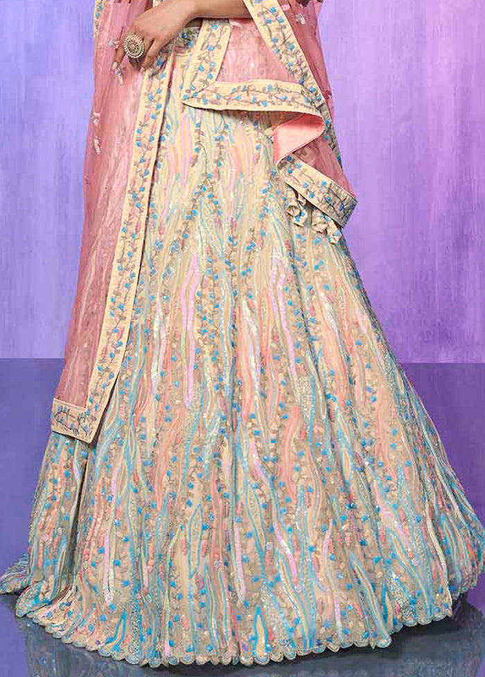 3 Pc Off White Net Semi Stitched Lehenga Set