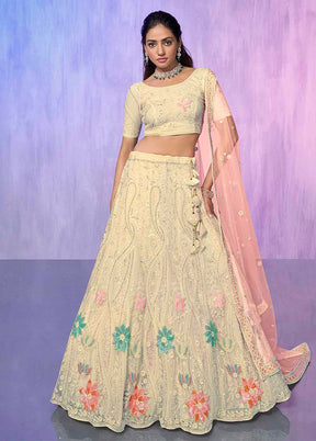 3 Pc Off White Net Semi Stitched Lehenga Set