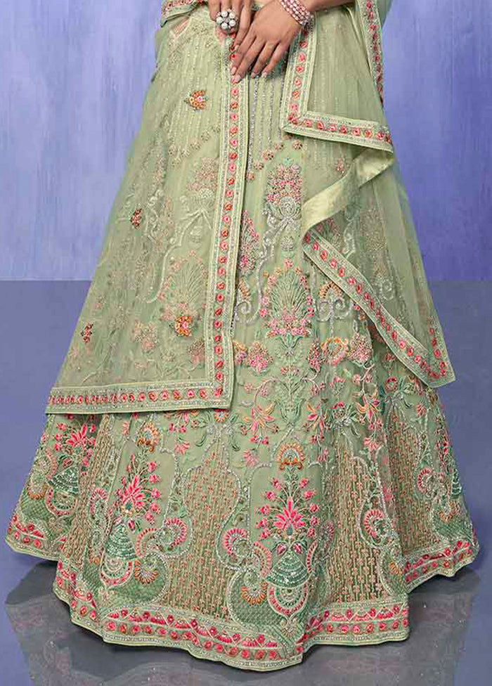 3 Pc Pista Green Net Semi Stitched Lehenga Set