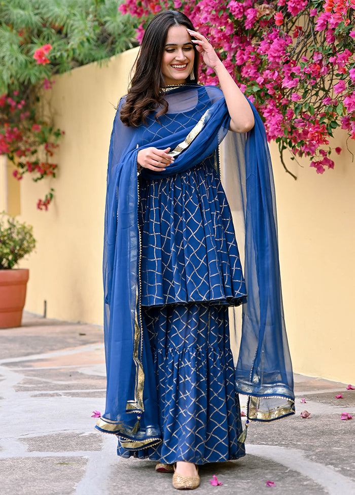 3 Pc Blue Readymade Cotton Suit Set - Indian Silk House Agencies