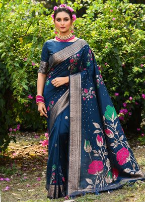 Blue Dupion Silk Saree With Blouse Piece - Indian Silk House Agencies