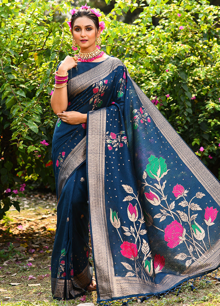 Blue Dupion Silk Saree With Blouse Piece - Indian Silk House Agencies