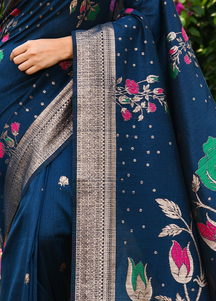 Blue Dupion Silk Saree With Blouse Piece - Indian Silk House Agencies