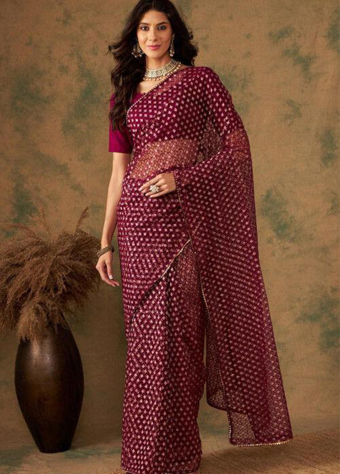 Burgundy Organza Saree With Blouse Piece - Indian Silk House Agencies