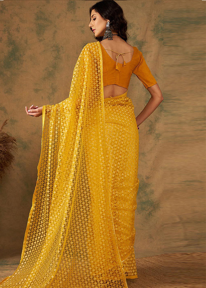 Yellow Organza Saree With Blouse Piece - Indian Silk House Agencies