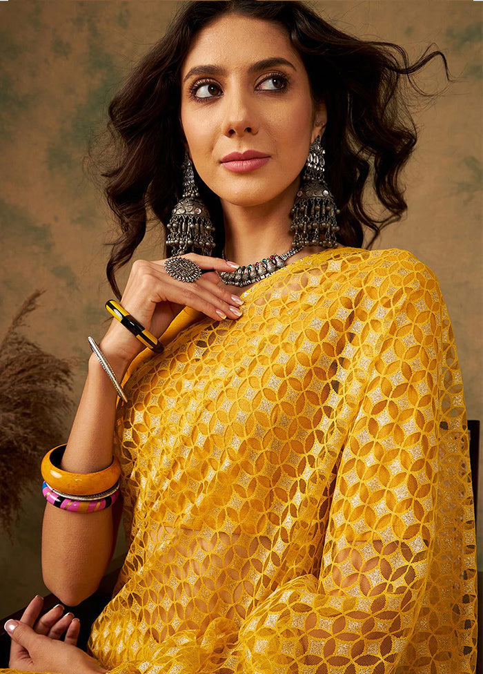 Yellow Organza Saree With Blouse Piece - Indian Silk House Agencies