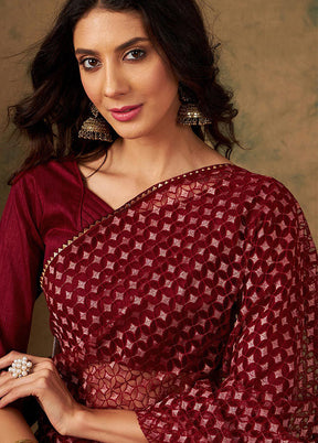 Maroon Organza Saree With Blouse Piece - Indian Silk House Agencies