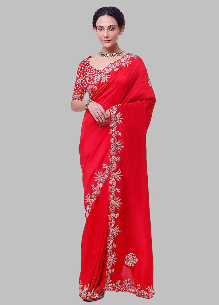 Red Dupion Silk Saree With Blouse Piece - Indian Silk House Agencies