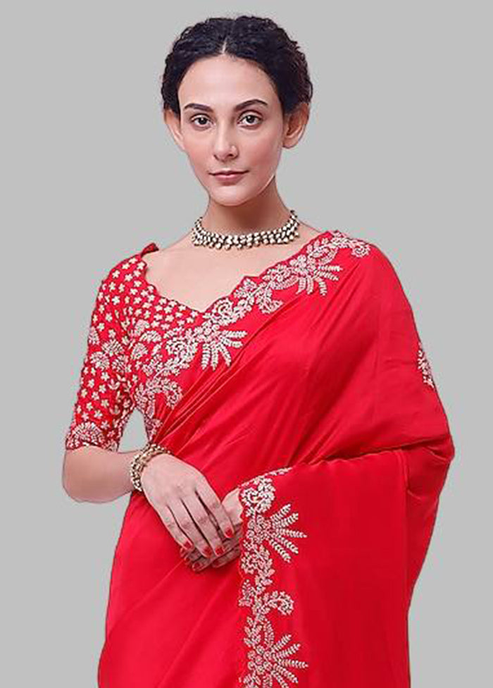 Red Dupion Silk Saree With Blouse Piece - Indian Silk House Agencies