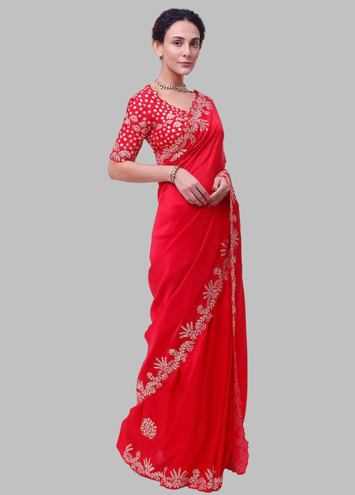 Red Dupion Silk Saree With Blouse Piece - Indian Silk House Agencies