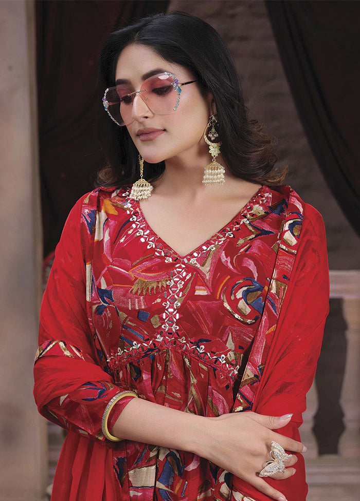 3 Pc Red Readymade Rayon Suit Set - Indian Silk House Agencies