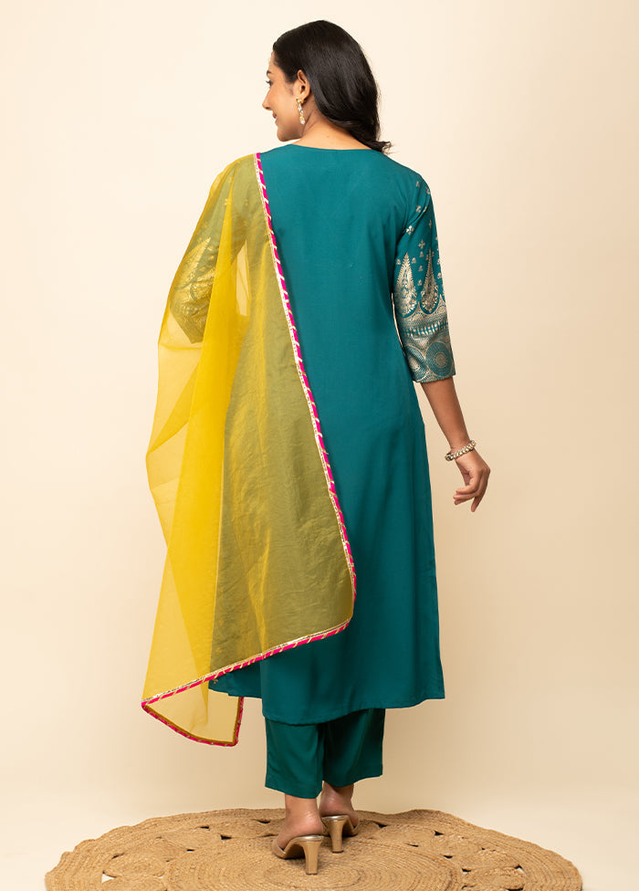 3 Pc Teal Readymade Silk Suit Set - Indian Silk House Agencies