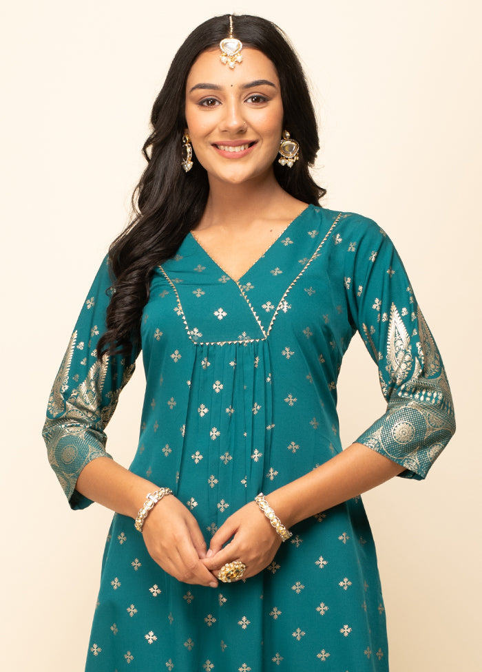 3 Pc Teal Readymade Silk Suit Set - Indian Silk House Agencies