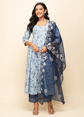 3 Pc Sky Blue Readymade Cotton Suit Set - Indian Silk House Agencies