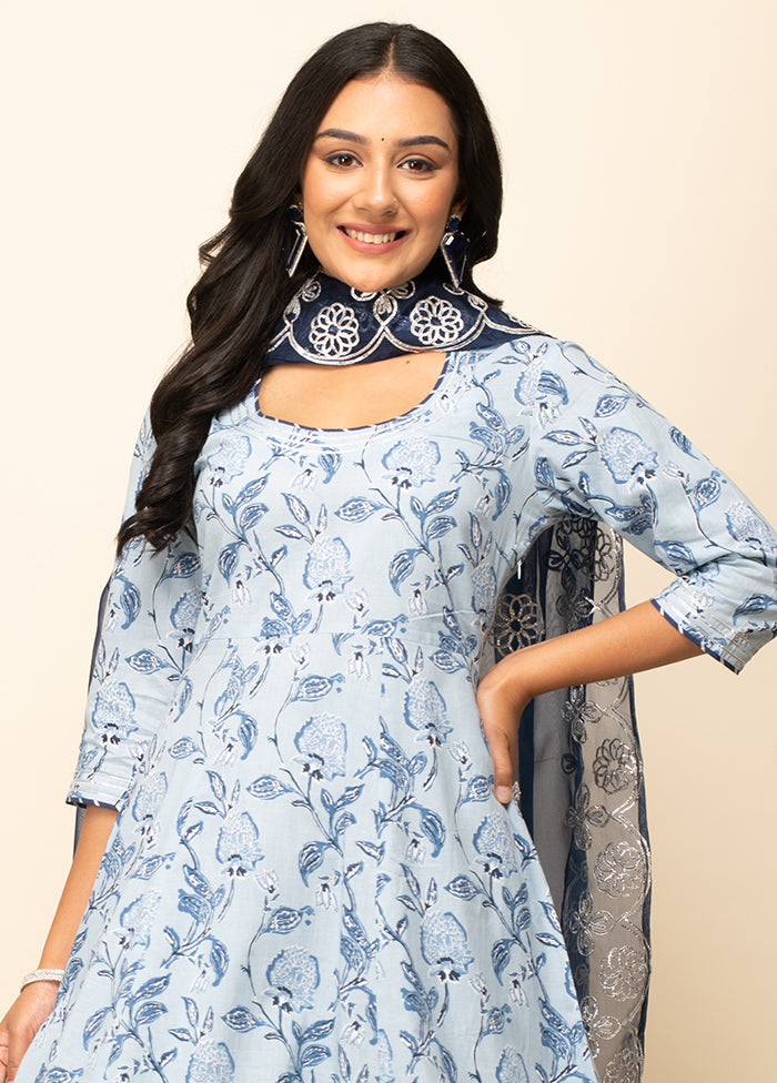 3 Pc Sky Blue Readymade Cotton Suit Set - Indian Silk House Agencies