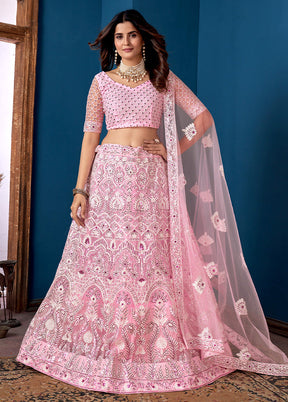 3 Pc Pink Net Semi Stitched Lehenga Set