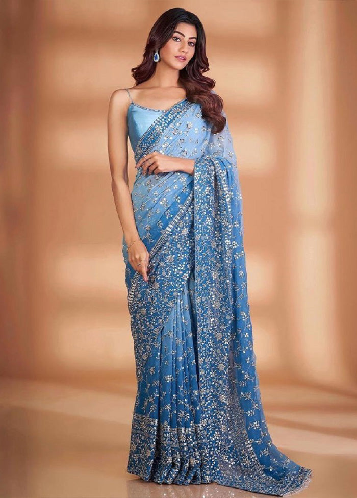 Blue Georgette Saree With Blouse Piece