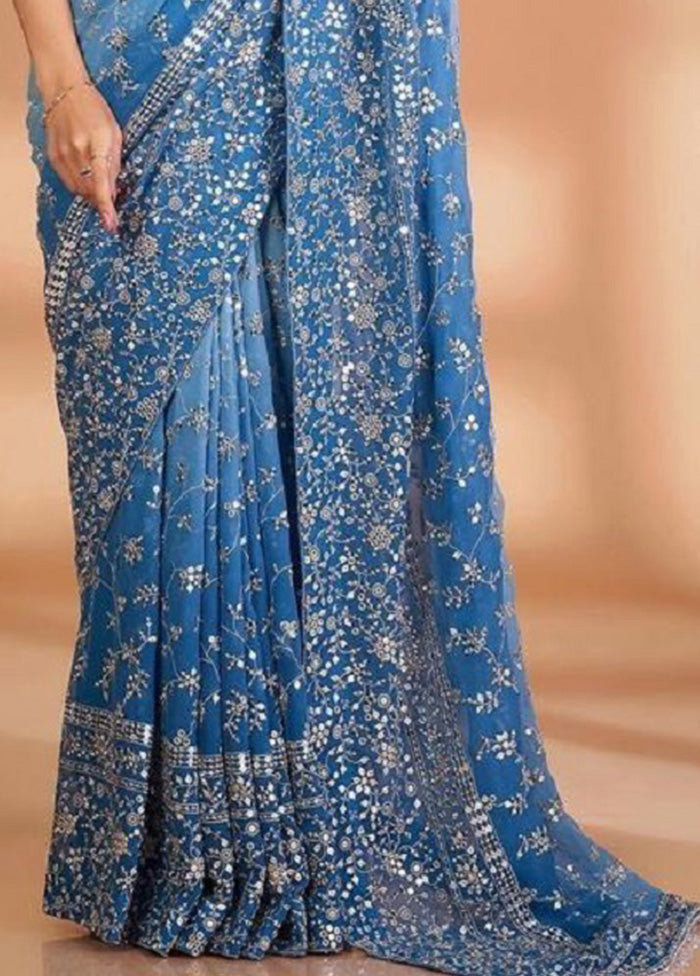 Blue Georgette Saree With Blouse Piece