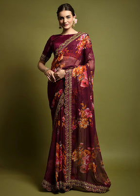 Wine Georgette Saree With Blouse Piece - Indian Silk House Agencies