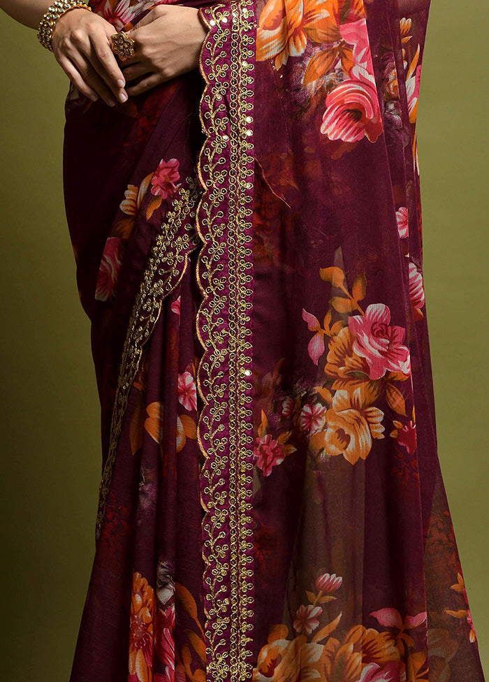 Wine Georgette Saree With Blouse Piece - Indian Silk House Agencies