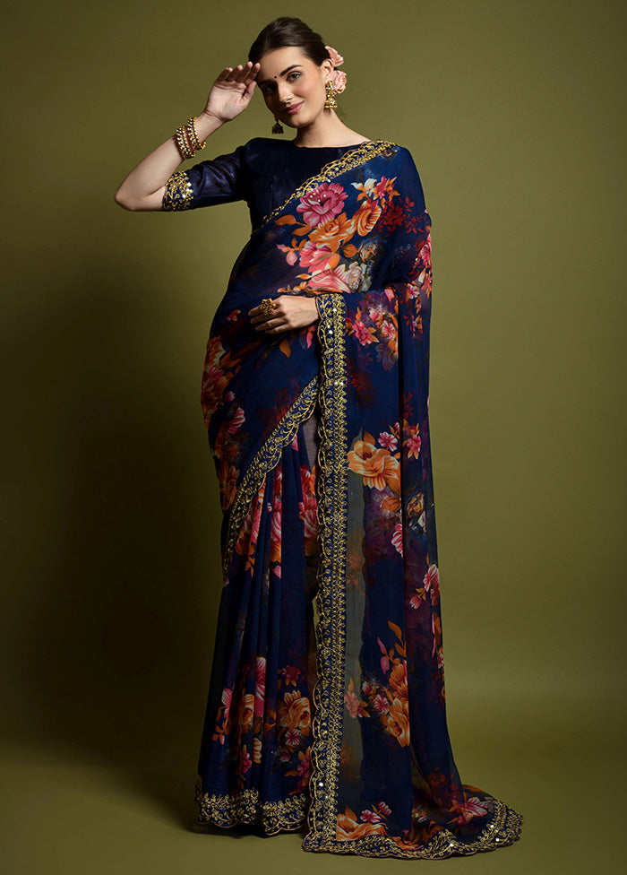 Blue Georgette Saree With Blouse Piece - Indian Silk House Agencies