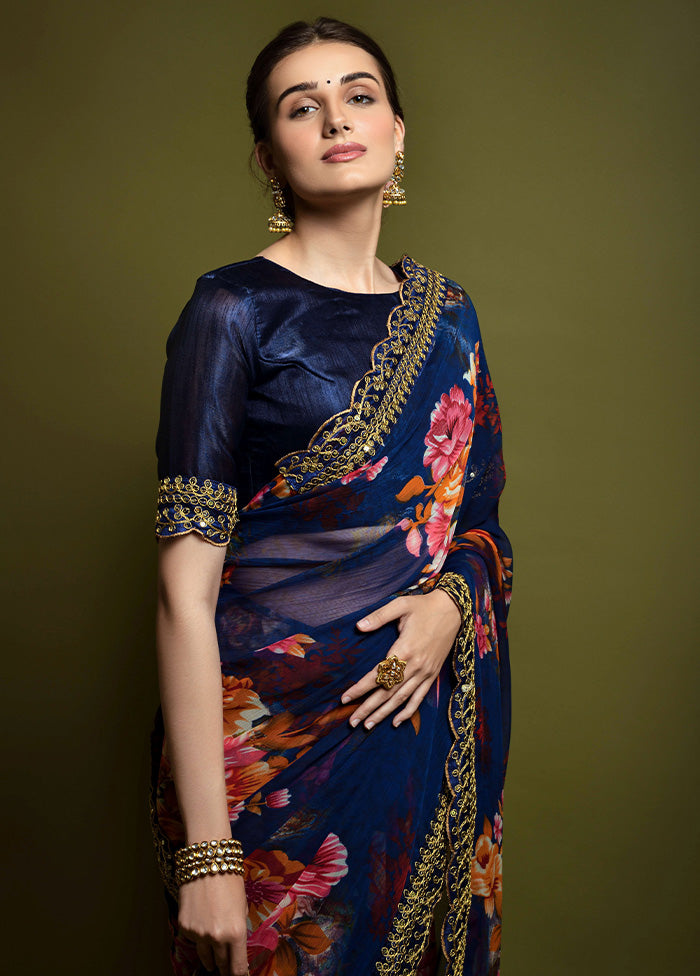 Blue Georgette Saree With Blouse Piece - Indian Silk House Agencies