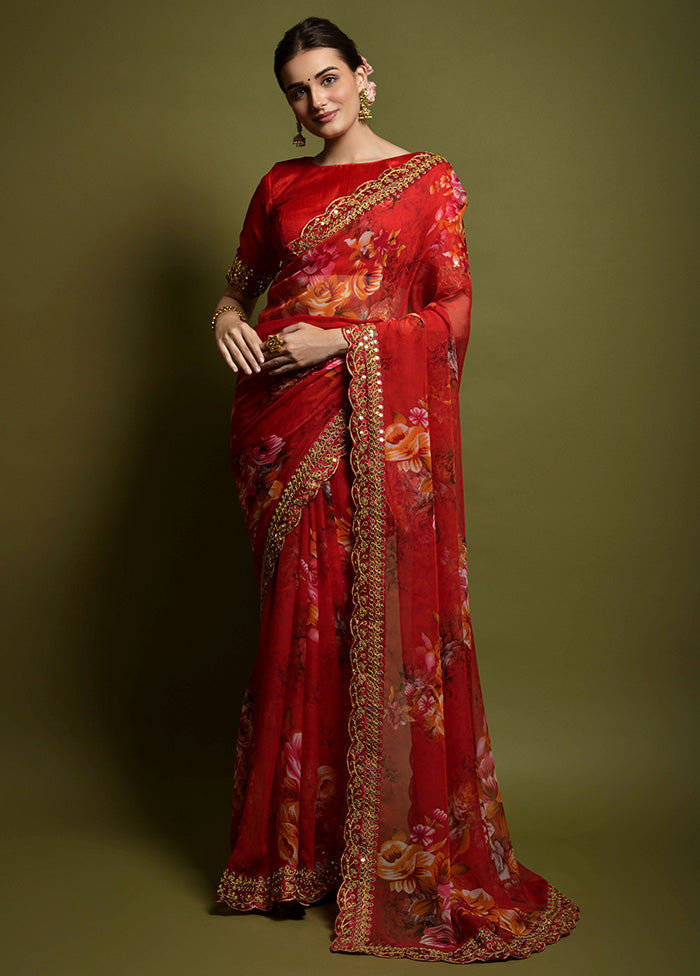 Red Georgette Saree With Blouse Piece - Indian Silk House Agencies