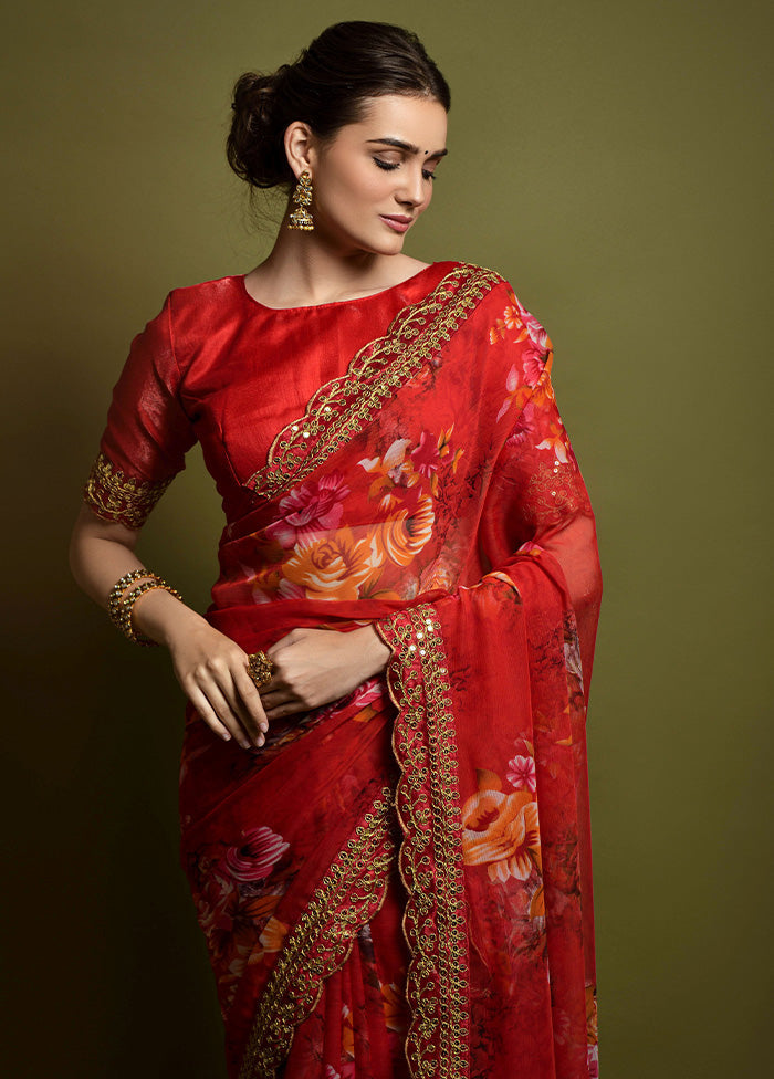 Red Georgette Saree With Blouse Piece - Indian Silk House Agencies