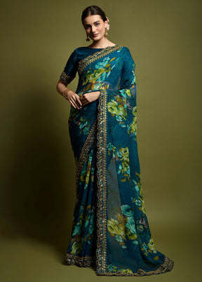 Teal Georgette Saree With Blouse Piece - Indian Silk House Agencies