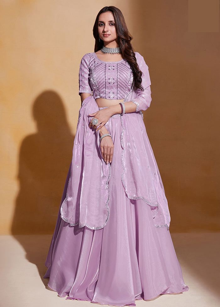 3 Pc Light Purple Net Semi Stitched Lehenga Set - Indian Silk House Agencies