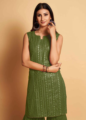 3 Pc Green Readymade Georgette Suit Set - Indian Silk House Agencies