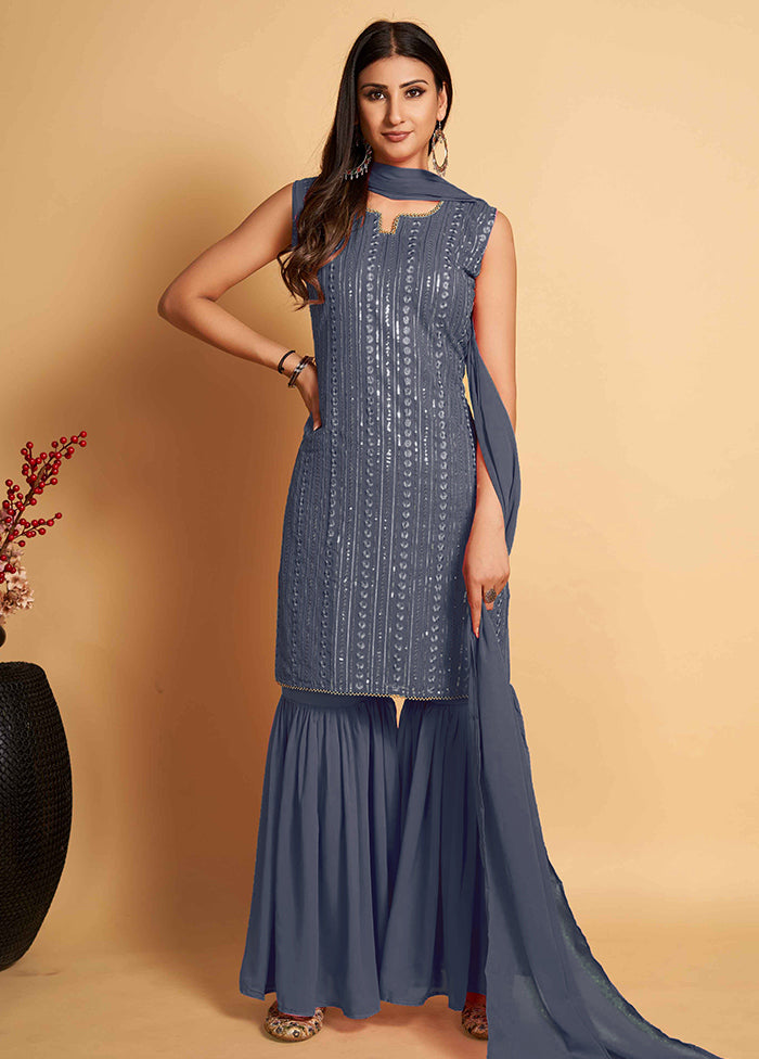 3 Pc Grey Readymade Georgette Suit Set - Indian Silk House Agencies