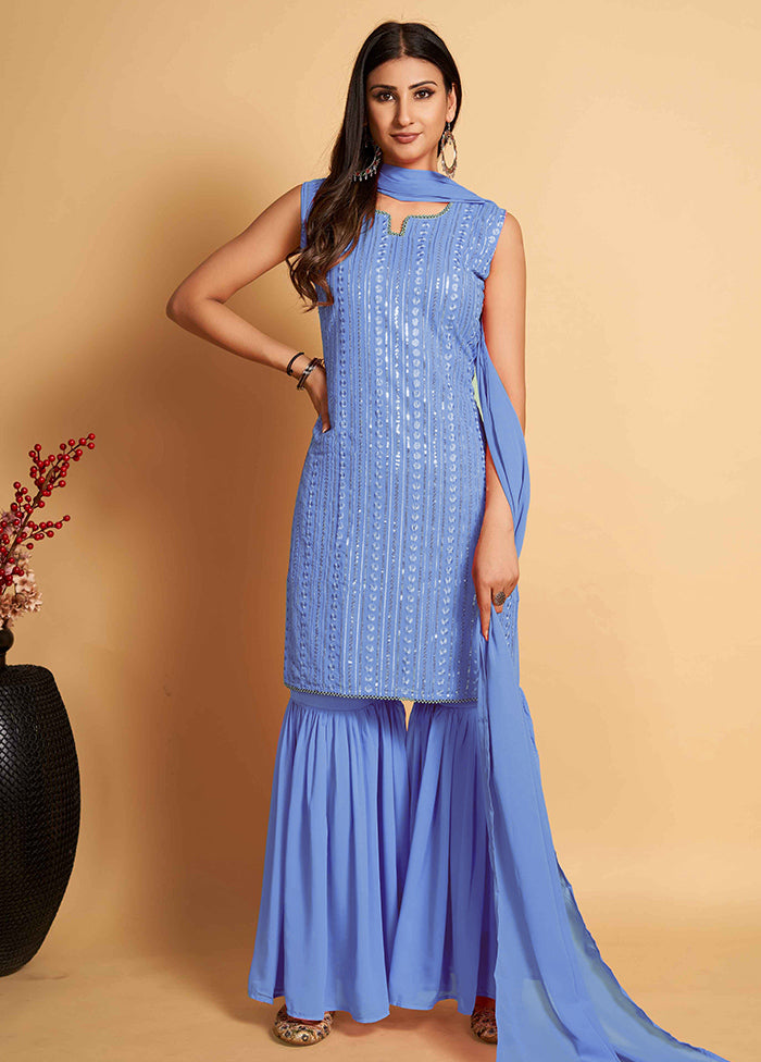 3 Pc Sky Blue Readymade Georgette Suit Set - Indian Silk House Agencies